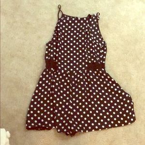 Aqua black & white polka dot romper
